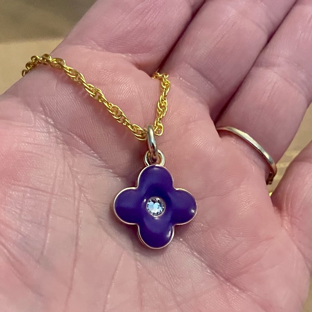 Coach Purple Enamel Crystal Clover Pendant 18k/.925 Sterling Silver Necklace - Picture 5 of 6